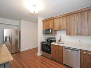 Kitchen featuring dark hardwood / wood-style floors, sink, and appliances with stainless steel finishes