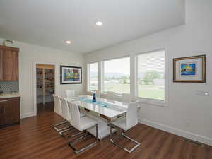 Dining area with dark hardwood / wood-style floors