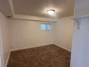 Basement with dark colored carpet and crown molding