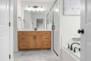 Bathroom with vanity and plus walk in shower