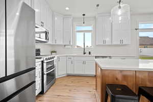 Kitchen featuring appliances with stainless steel finishes, decorative light fixtures, a healthy amount of sunlight, and light hardwood / wood-style floors