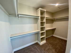 Walk in closet featuring dark carpet