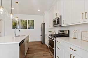 Kitchen featuring stainless steel appliances, sink, wood-type flooring, decorative light fixtures, and white cabinetry