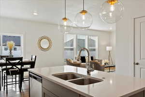 Kitchen with dishwasher, decorative light fixtures, dark wood-type flooring, and sink