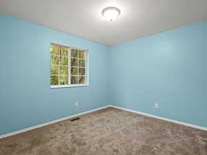 Bedroom #2 with carpet floors and a textured ceiling