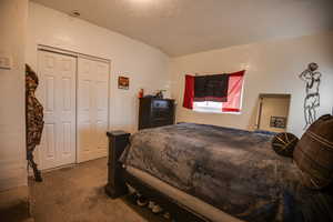 Carpeted bedroom with vaulted ceiling, a closet, and a textured ceiling