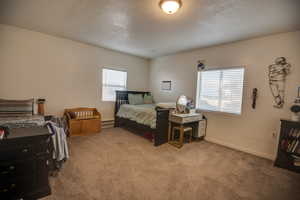 Carpeted bedroom featuring baseboard heating and a textured ceiling