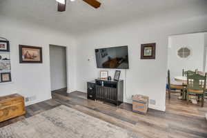 Living room featuring ceiling fan, dark hardwood / wood-style flooring, and a textured ceiling