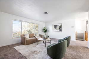 Carpeted living room featuring a textured ceiling