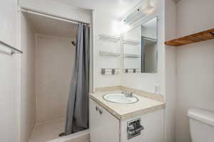 Bathroom featuring vanity, a shower with shower curtain, and toilet