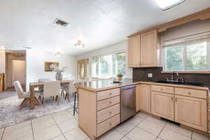 Kitchen with sink, dishwasher, plenty of natural light, and light brown cabinets