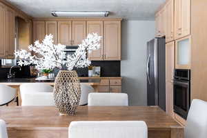 Kitchen with sink, stainless steel appliances, track lighting, a textured ceiling, and light brown cabinetry