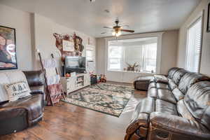 Living room with dark hardwood / wood-style flooring and ceiling fan