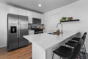 Kitchen with stainless steel appliances, dark hardwood / wood-style flooring, kitchen peninsula, a kitchen bar, and white cabinets