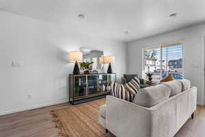 Living room featuring a textured ceiling and hardwood / wood-style flooring