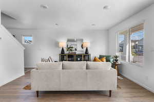 Living room with dark hardwood / wood-style flooring