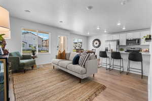 Living room with a healthy amount of sunlight, light wood-type flooring, and a textured ceiling