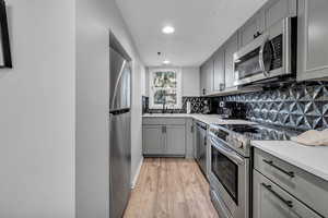 Kitchen with gray cabinetry, decorative backsplash, light hardwood / wood-style floors, and stainless steel appliances