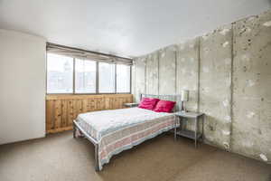 Carpeted bedroom with wood walls