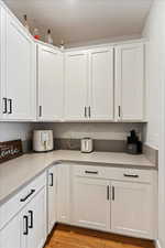 Clothes washing area with light hardwood / wood-style flooring