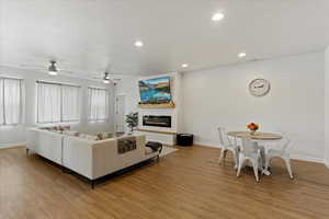 Living room featuring a large fireplace, ceiling fan, and light hardwood / wood-style flooring