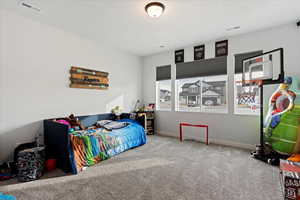 Bedroom featuring carpet floors and multiple windows