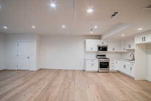 Kitchen with visible vents, a sink, decorative backsplash, stainless steel appliances, and light wood-type flooring