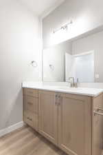 Bathroom with vanity and wood-type flooring