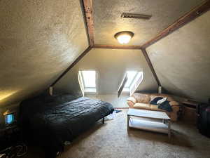 Carpeted bedroom with a textured ceiling and vaulted ceiling