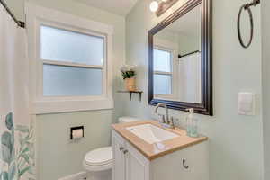 Full bathroom featuring natural light, vanity, and toilet