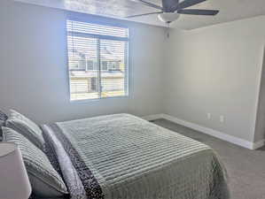 Carpeted bedroom with ceiling fan