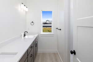 Bathroom featuring wood-type flooring and vanity