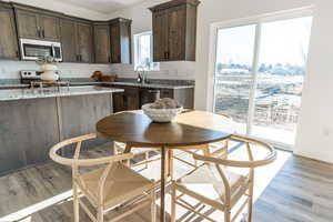 Kitchen featuring light hardwood / wood-style floors, sink, dark brown cabinetry, stainless steel appliances, and light stone counters