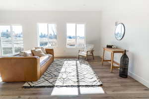 Living room with plenty of natural light and light hardwood / wood-style floors