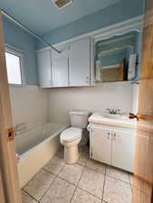 Full bathroom with vanity, backsplash, tile patterned flooring, toilet, and shower / bath combination