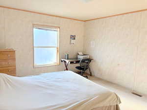 Bedroom with carpet flooring and crown molding