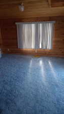 Spare room featuring a healthy amount of sunlight, wooden ceiling, and wooden walls