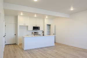 Kitchen with white cabinets, a center island with sink, sink, appliances with stainless steel finishes, and light hardwood / wood-style floors