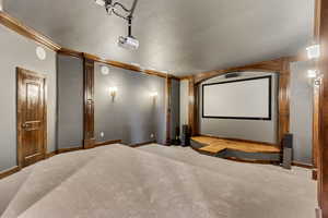 Carpeted cinema with crown molding