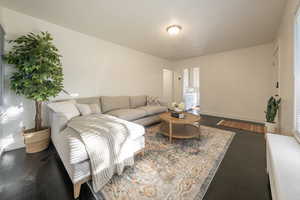 Living room with dark wood-type flooring