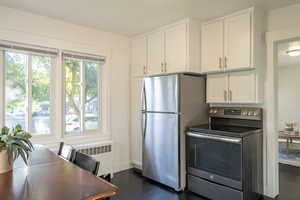 Kitchen with white cabinetry, radiator heating unit, stainless steel appliances, and dark hardwood / wood-style floors