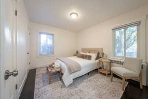 Bedroom with multiple windows and hardwood / wood-style floors