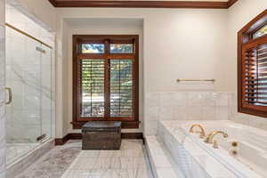 Bathroom featuring crown molding and separate shower and tub