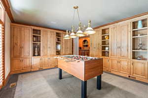 Game room with ornamental molding, dark colored carpet, and built in shelves