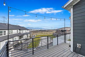 Wooden deck featuring a mountain view