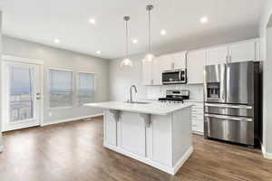 Kitchen featuring white cabinets, pendant lighting, stainless steel appliances, and an island with sink