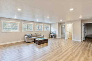 Living room featuring a textured ceiling, light hardwood / wood-style flooring, and a healthy amount of sunlight