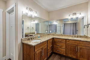 Bathroom with hardwood / wood-style floors and vanity