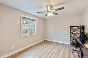 Unfurnished office with ceiling fan, light wood-type flooring, and a textured ceiling