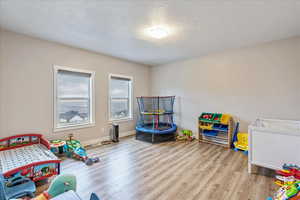 Rec room with a textured ceiling and light hardwood / wood-style flooring